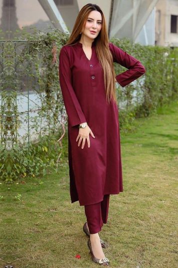 Buy Maroon Cotton Straight Pant Suit