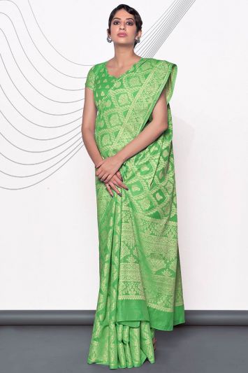 Buy Mehndi Functional Lucknowi Cotton Fabric Saree in Green Color