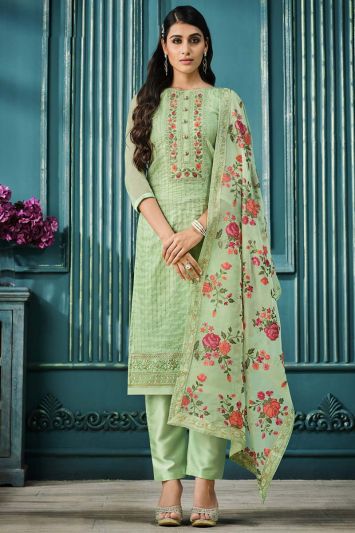 Buy Mehndi Functional Organza Fabric Straight Pant Suit in Green Color