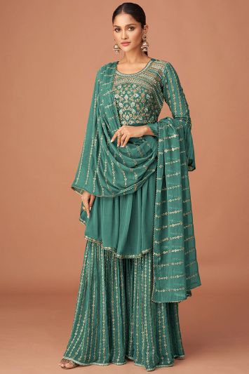 Buy Mehndi Functional Rama Green Color Pure Georgette Sharara Suit