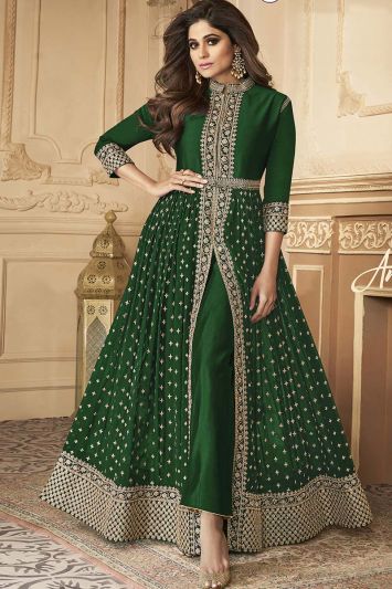 Buy Mehndi Wear Faux Georgette Anarkali Suit in Green Color