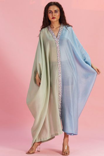 Buy Mint Green and Light Blue Chanderi Fabric Embroidered Kaftan