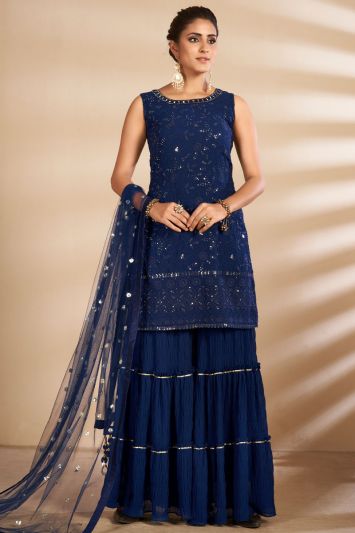 Buy Navy Blue Georgette Fabric Sharara Suit with Sequins Work