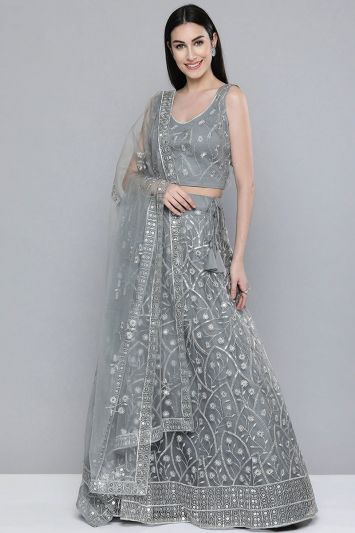 Buy Net Fabric Grey Color Lehenga Choli with Mirror Work