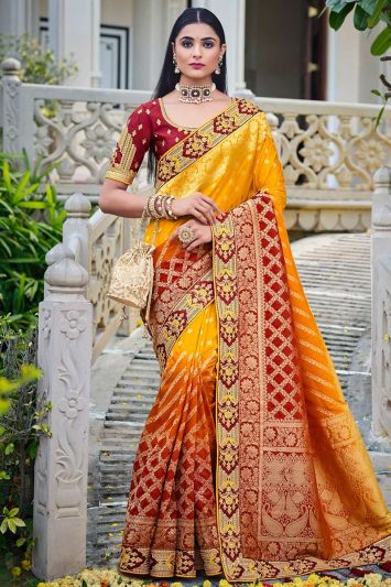Buy Orange Color Banarasi Silk Fabric Saree with Stone Work