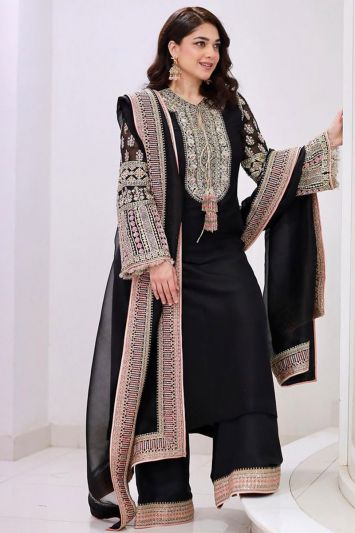 Buy Pakistani Cotton Jacquard Fabric Palazzo Suit in Black Color