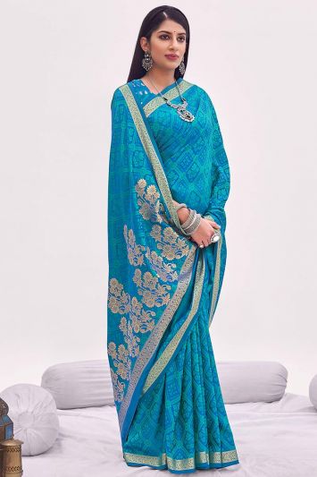 Buy Party Wear Aqua Blue Color Banarasi Satin Silk Fabric Saree