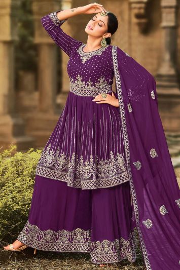 Buy Purple Color Faux Georgette Fabric Sharara Suit With Zari Work