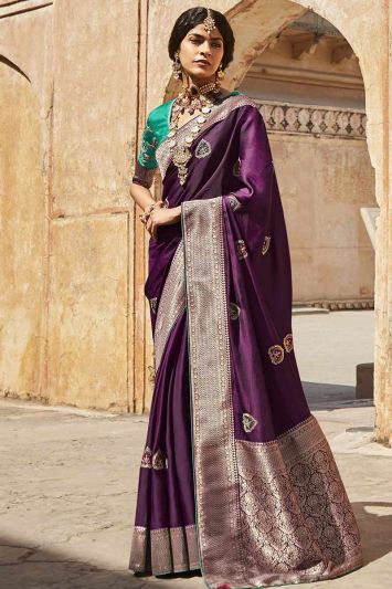 Buy Purple Colored Silk Fabric Saree with Zari Work