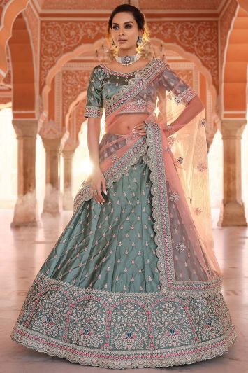 Buy Rama Green Color Satin Fabric Lehenga Choli For Bride