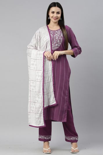 Buy Ruby Cotton Fabric Straight Pant Suit in Purple Color