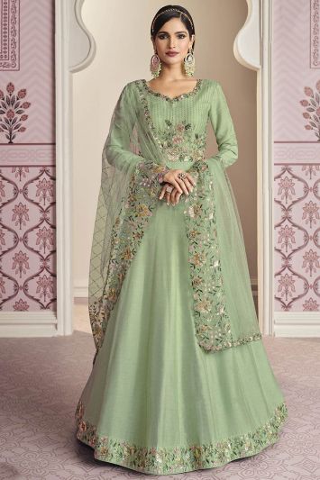 Buy Russian Silk Anarkali Suit in Pista Green Color