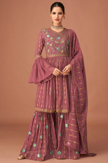 Buy Sangeet Wear Dusty Pink Color Pure Georgette Sharara Suit
