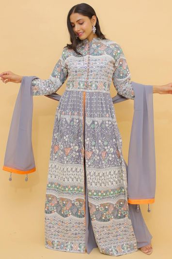 Buy Stylish Grey Color Georgette Long Palazzo Suit
