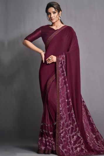 Buy Stylish Purple Sangeet Wear Lycra Saree