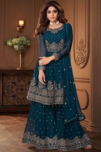 Buy Teal Color Real Georgette Fabric Sharara Suit