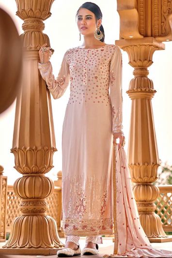 Buy This Baby Pink Pure Viscose Bemberg Georgette Straight Pant Suit