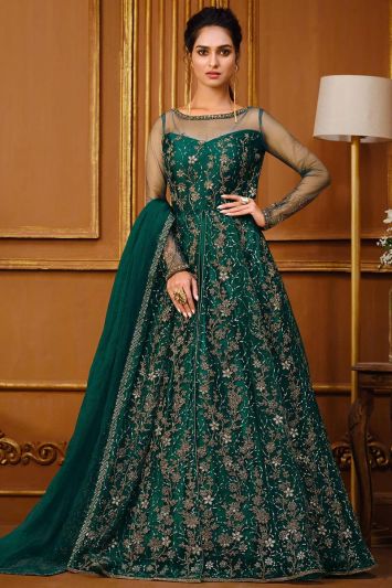 Buy This Beautiful Soft Net Anarkali Suit in Green Color