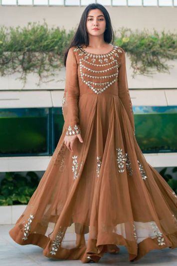 Buy This Brown Color Anarkali Suit with Mirror Work