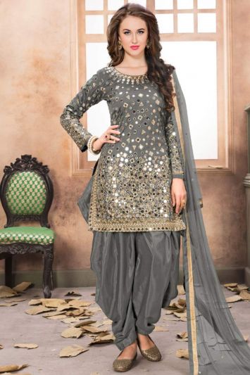 Buy This Grey Color Taffesta Silk Sangeet Patiala Suit