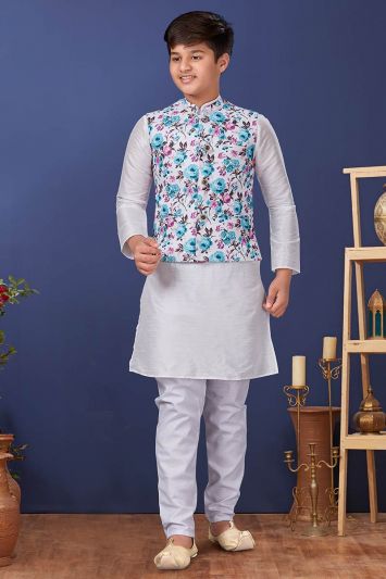 Buy This Kurta Pajama With Cotton Printed Waist Coat in White Color