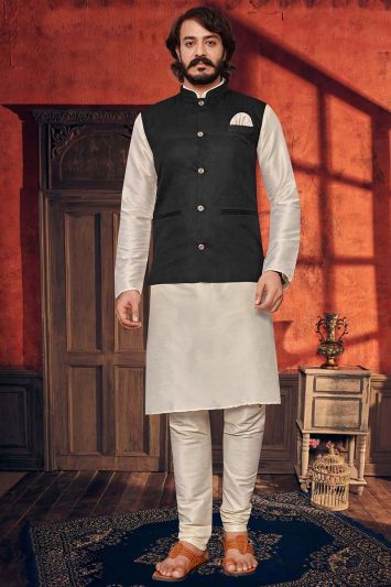 Buy This Party Wear Off White Color Art Silk Kurta with Jacket