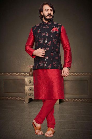 Buy This Red Color Designer Art Silk Kurta with Jacket