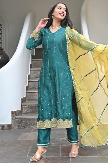 Buy This Silk Fabric Teal Green Color Straight Pant Suit