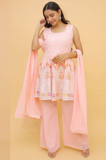Buy Thread Embroidered Peach Georgette Fabric Palazzo Suit