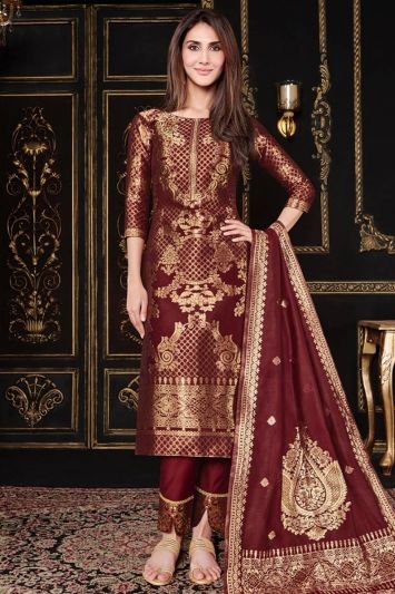 Buy Wedding Wear Banarasi Jacquard Trouser Suit in Maroon Color