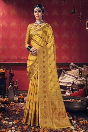 Buy Yellow Color Cotton Fabric Saree with Stone Work
