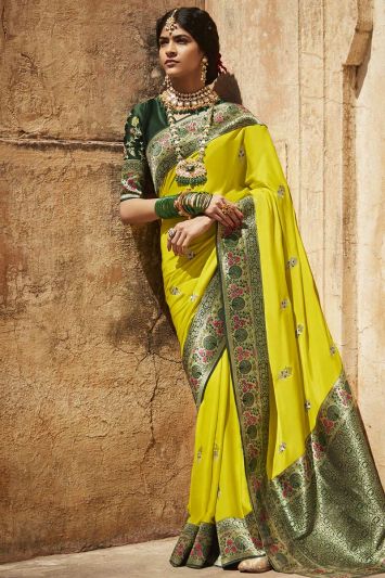 Buy Yellow Colored Silk Fabric Weaving Printed Saree