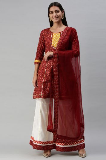 Casual Cotton Blend Fabric Palazzo Suit in Red Color