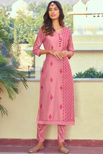 Casual Pink Color Viscose Fabric Straight Pant Suit