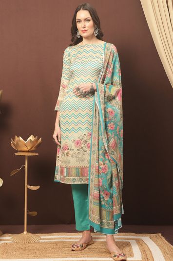 Cotton Blend Fabric Zig Zag Printed Straight Pant Suit in Multi Color