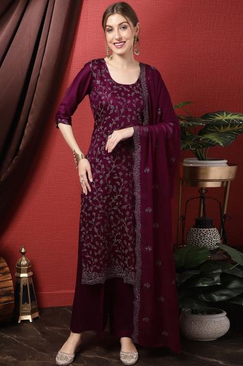 Cotton Blend Floral Resham Palazzo Suit in Wine