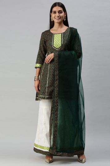 Cotton Blended Fabric Palazzo Suit in Green Color