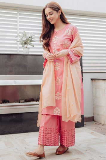Cotton Fabric Designer Palazzo Suit in Pink Color