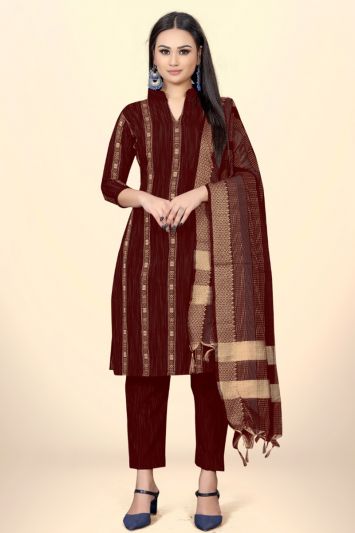Cotton Jacquard Fabric Designer Straight Pant Suit in Maroon Color