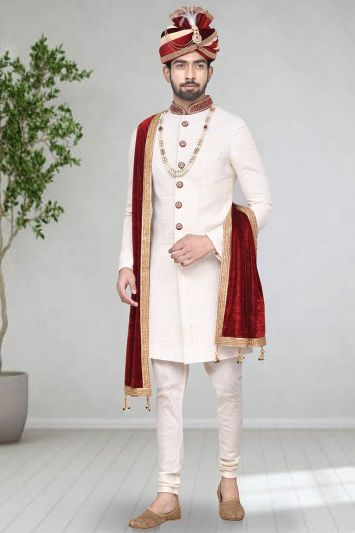 Cream Art Silk Wedding Wear Sherwani with Churidar
