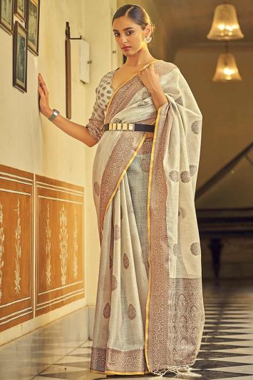 Cream Color Soft Linen Fabric Saree with Jacquard Work