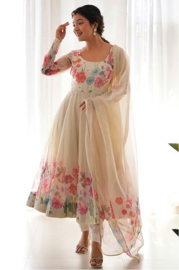 Cream Faux Georgette Floral Print Gown