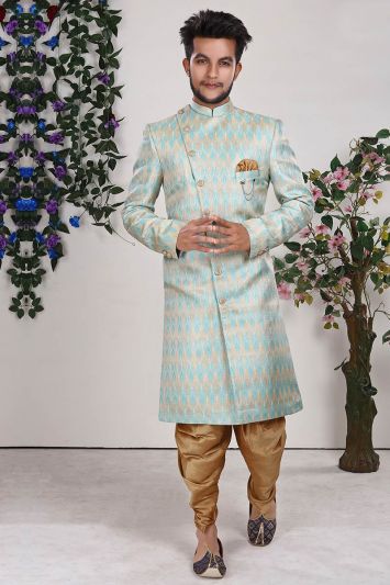 Cream Jacquard Fabric Party Wear Sherwani with Dupion Dhoti