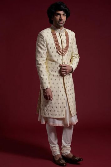 Cream Yellow Cotton Silk Fabric Italian Wedding Sherwani