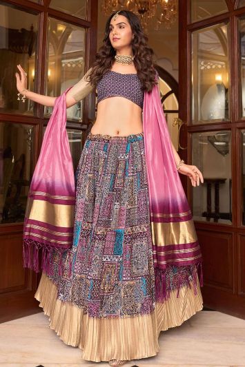 Crush Satin Silk Fabric Festive Wear Lehenga Choli in Multi Colors