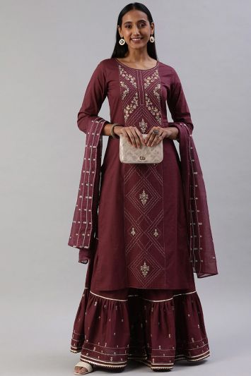 Dark Pink Color Pure Cotton Fabric Sharara Suit