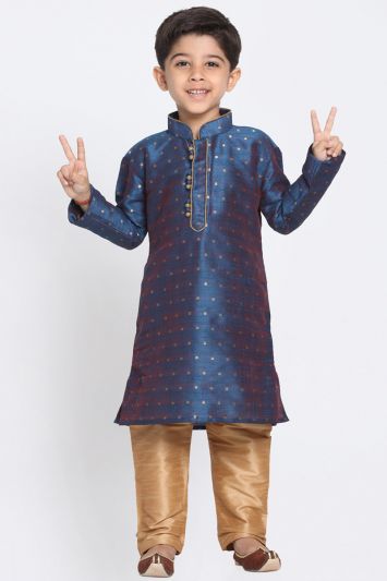 Deep Blue Cotton Silk Blend Kurta and Gold Pajama For Diwali