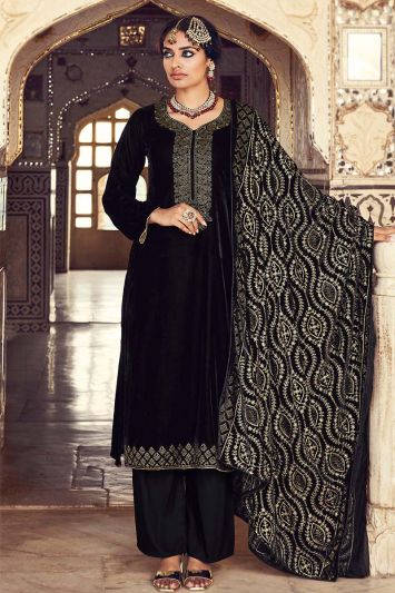 Designer Black Color Velvet Fabric Straight Pant Suit with Hand Work