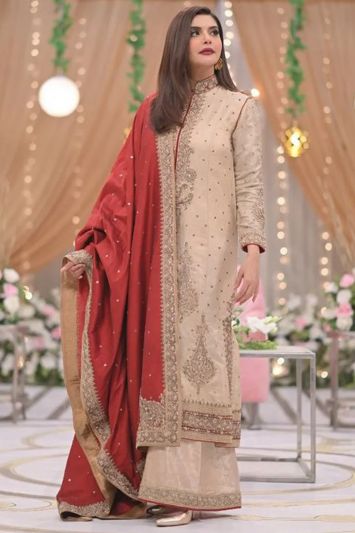 Designer Cream Color Chanderi Silk Fabric Anarkali Suit