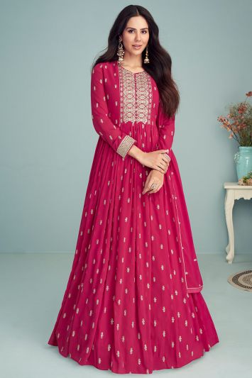 Designer Georgette Fabric Anarkali Suit in Rani Pink Color